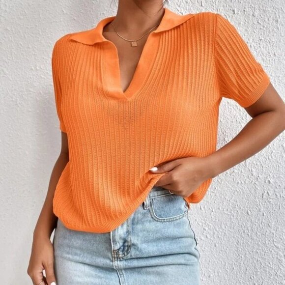 Contemporary Collared Knit Top Orange - Picture 4 of 5